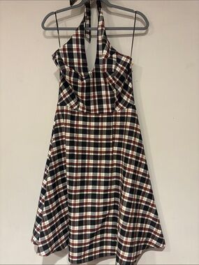 Coconinno Plaid Halter Fit-and-Flare Dress in Black, White & Red
